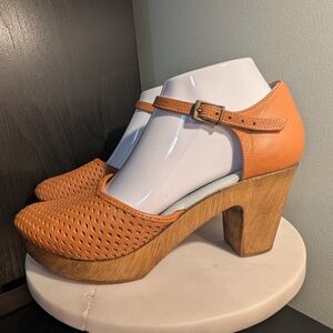 Eric Michael Perforated Leather Mary Jane Platform Clog Heels With Ankle Strap